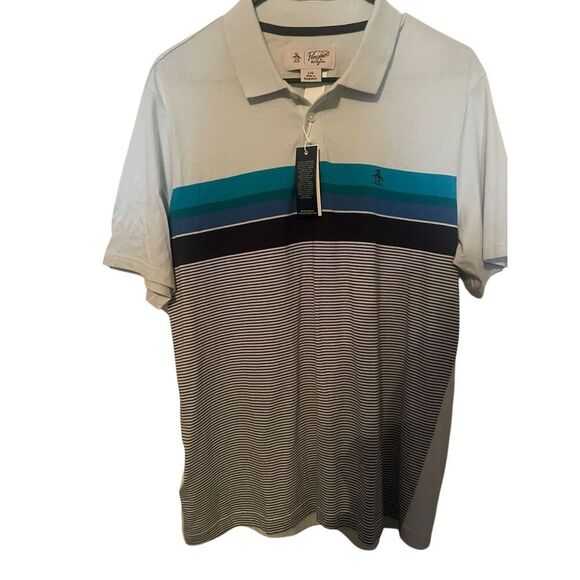 NEW Original Penguin Mens Ballad Blue Engineered Stripe Polo Shirt Large - Picture 2 of 12